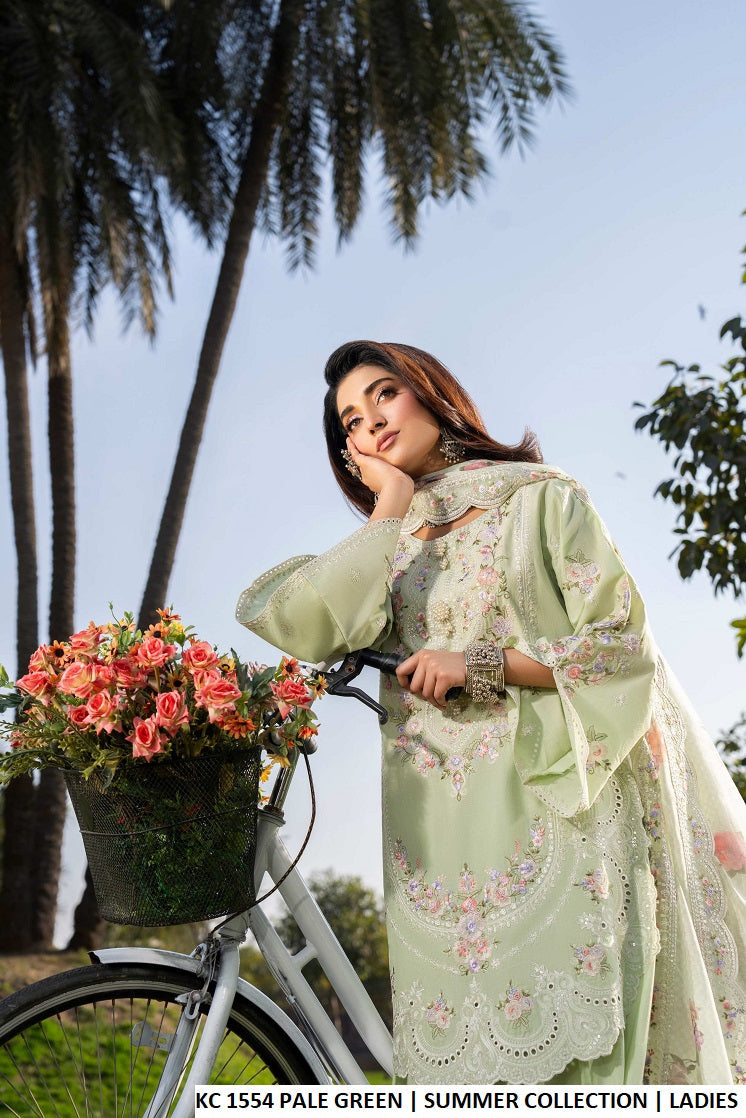 Pale green cotton Pakistani women's short shirt with farshi shalwar side view