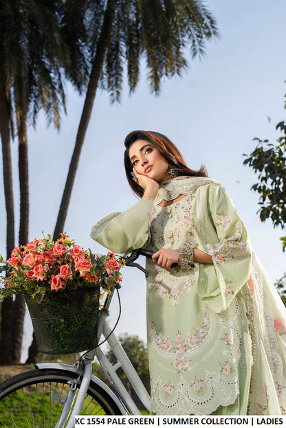 Pale green cotton Pakistani women's short shirt with farshi shalwar side view