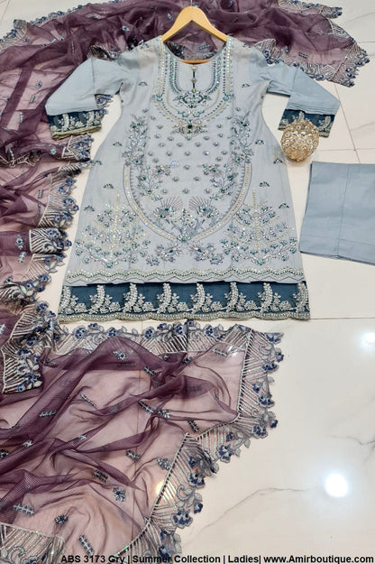 Cotton straight shirt ABS 3173 - Pakistani women's casual outfit with masuri organza dupatta front view