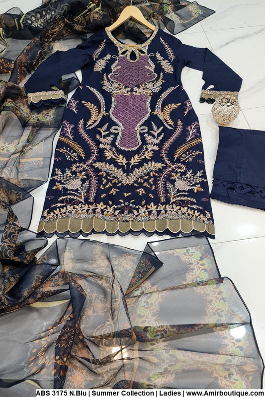 Cotton straight shirt ABS 3175 - Pakistani women's casual outfit with digital masuri dupatta front view