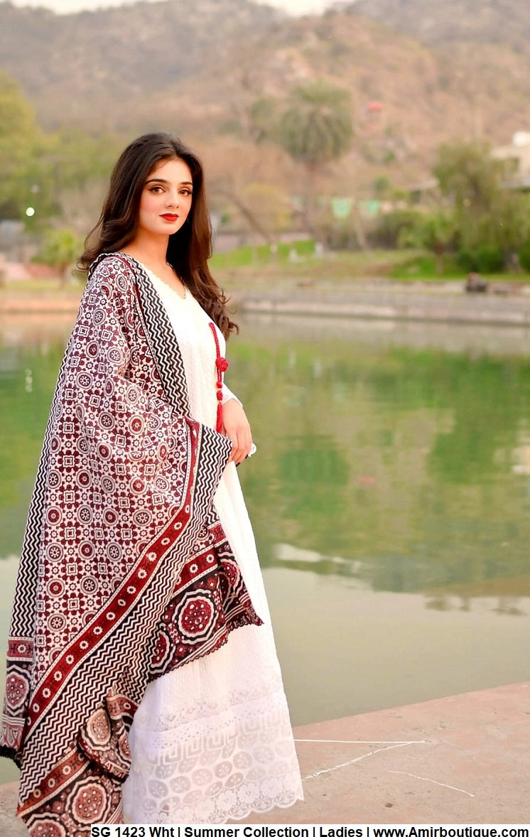 Cotton long frock SG 1423 - Pakistani women's casual elegant outfit with cotton dupatta front view