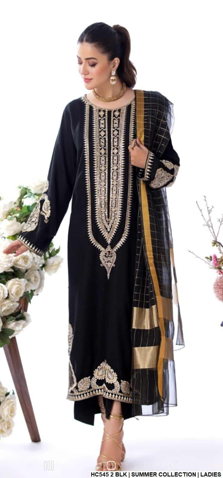 Cotton straight shirt HC545 2 - Pakistani women's casual outfit with zari organza dupatta front view