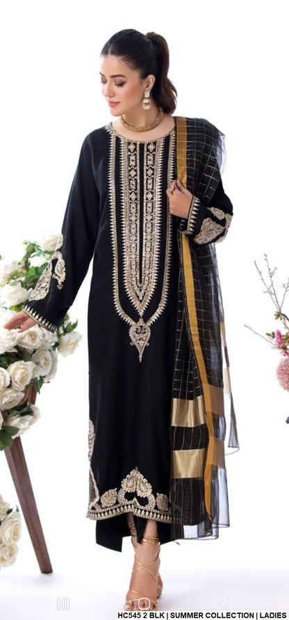 Cotton straight shirt HC545 2 - Pakistani women's casual outfit with zari organza dupatta front view