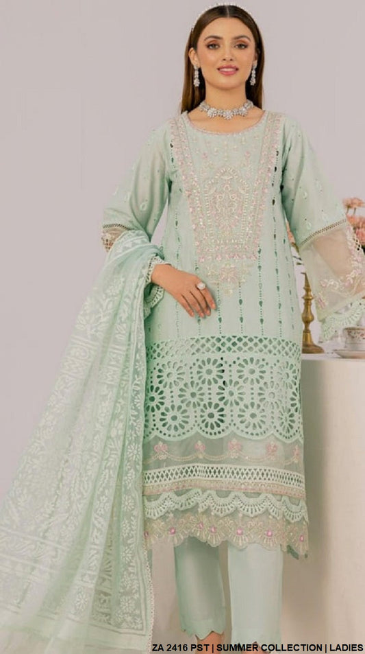 Cotton straight shirt ZA 2416 - Pakistani women's casual outfit with broshia organza dupatta front view