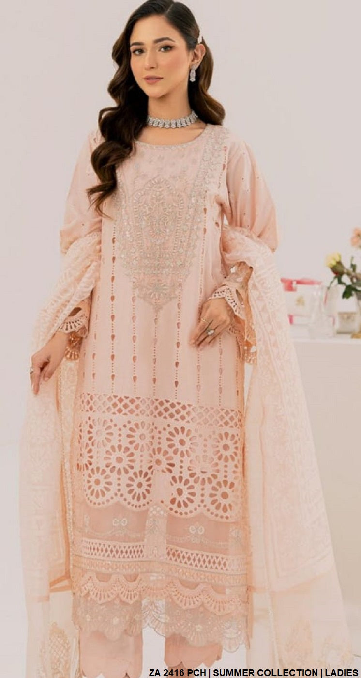 ZA 2416 Pakistani women's cotton straight shirt with broshia organza dupatta back view