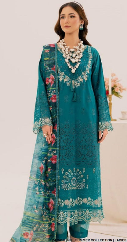 ZA 2419 Pakistani women's cotton straight shirt with broshia organza dupatta detail view
