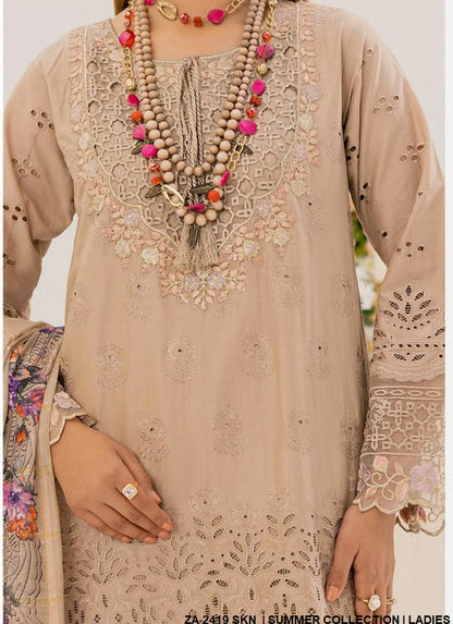 Cotton straight shirt ZA 2419 - Pakistani women's casual outfit with broshia organza dupatta front view