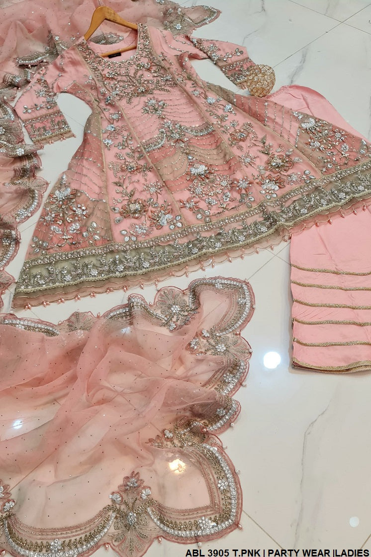 ABL 3905 Pakistani women's organza frock with organza dupatta back view