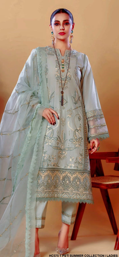 Cotton A-Line shirt HC575 1 - Pakistani women's casual outfit with organza dupatta front view