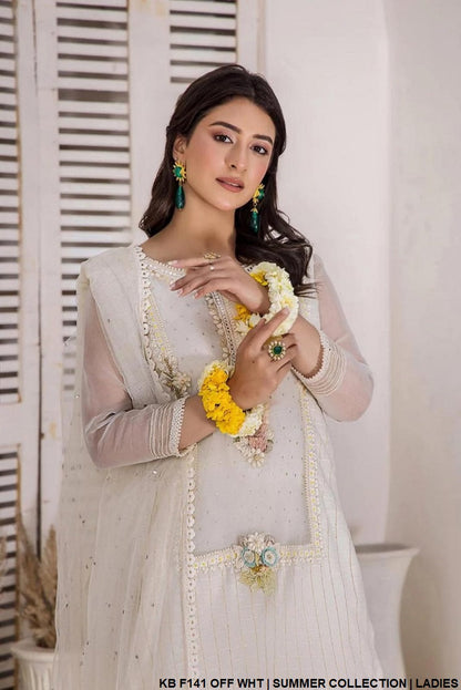 Khaadi cotton hand embroidered shirt KB F141 - Pakistani women's casual party wear with net dupatta front view