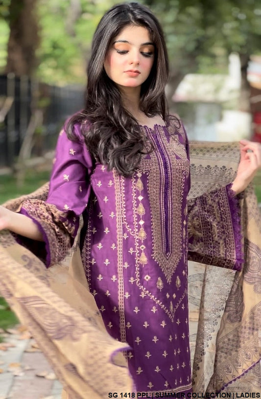 SG 1418 Cotton A-Line Pakistani women's everyday dress with chiffon dupatta side view