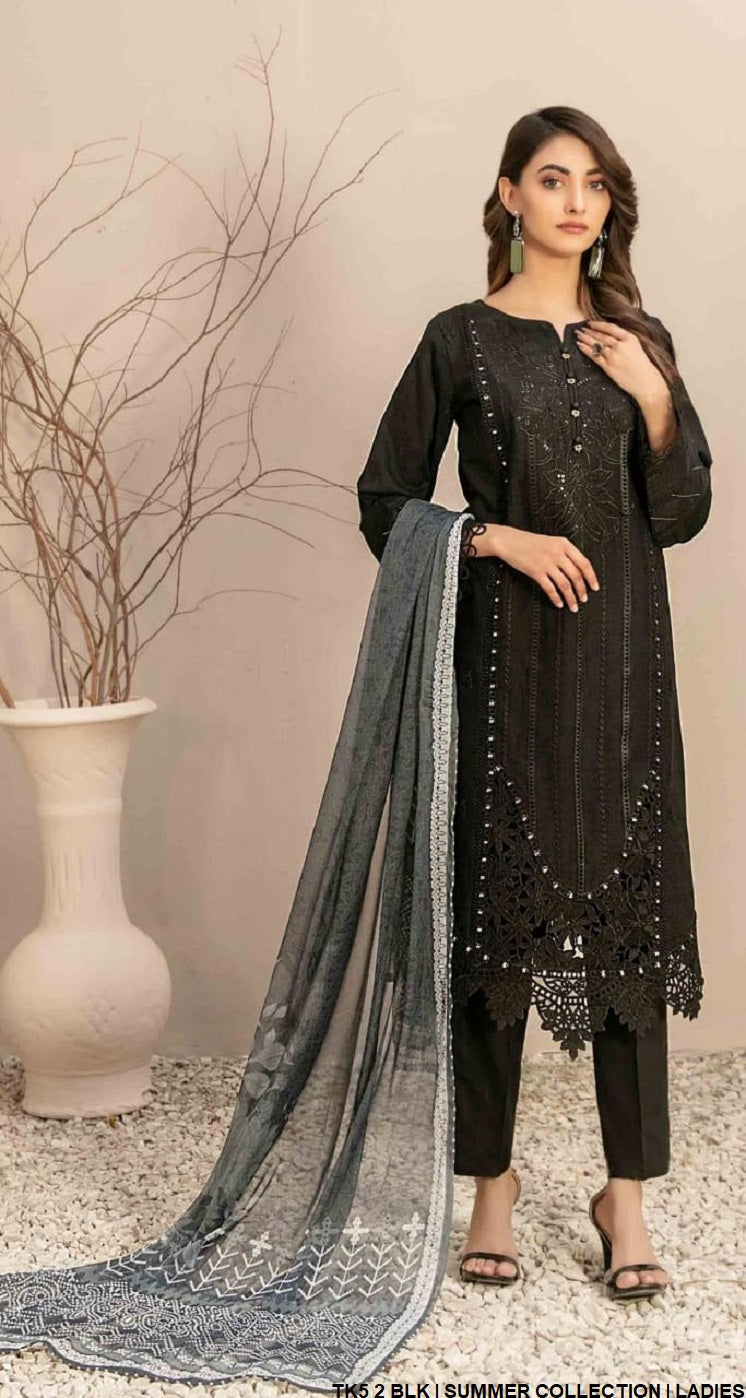 Cotton straight shirt TK5 2 - Pakistani women's semi-formal outfit with chiffon dupatta front view