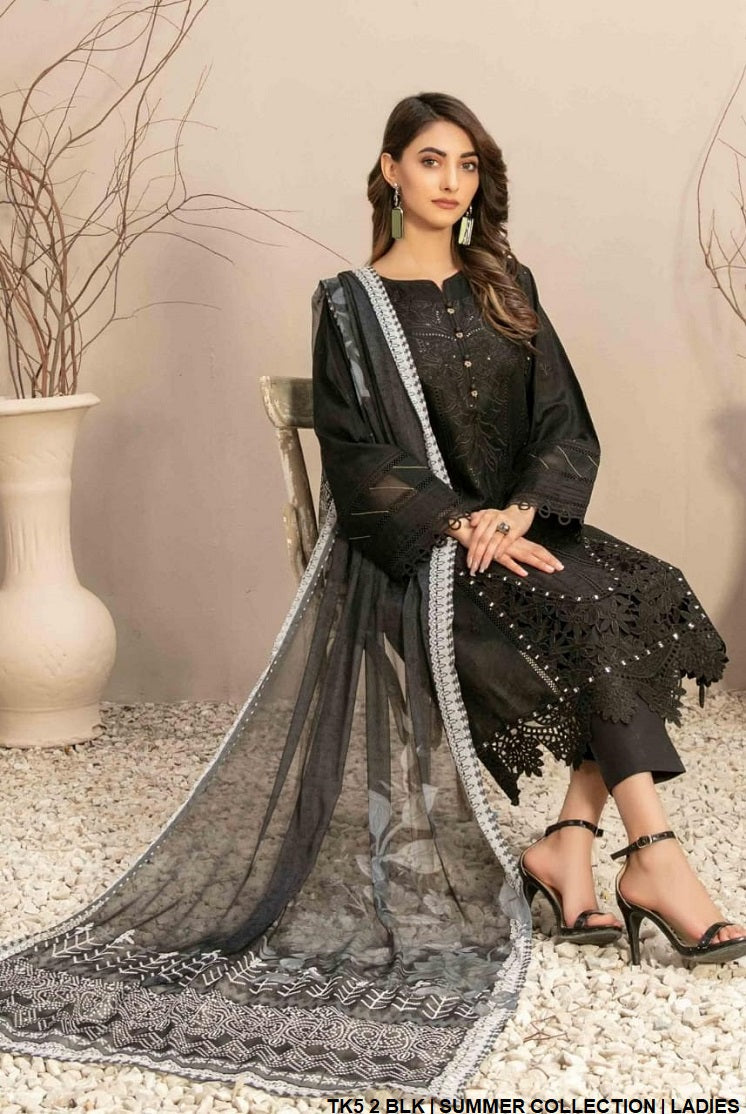 TK5 2 Pakistani women's cotton outfit with chiffon dupatta back view