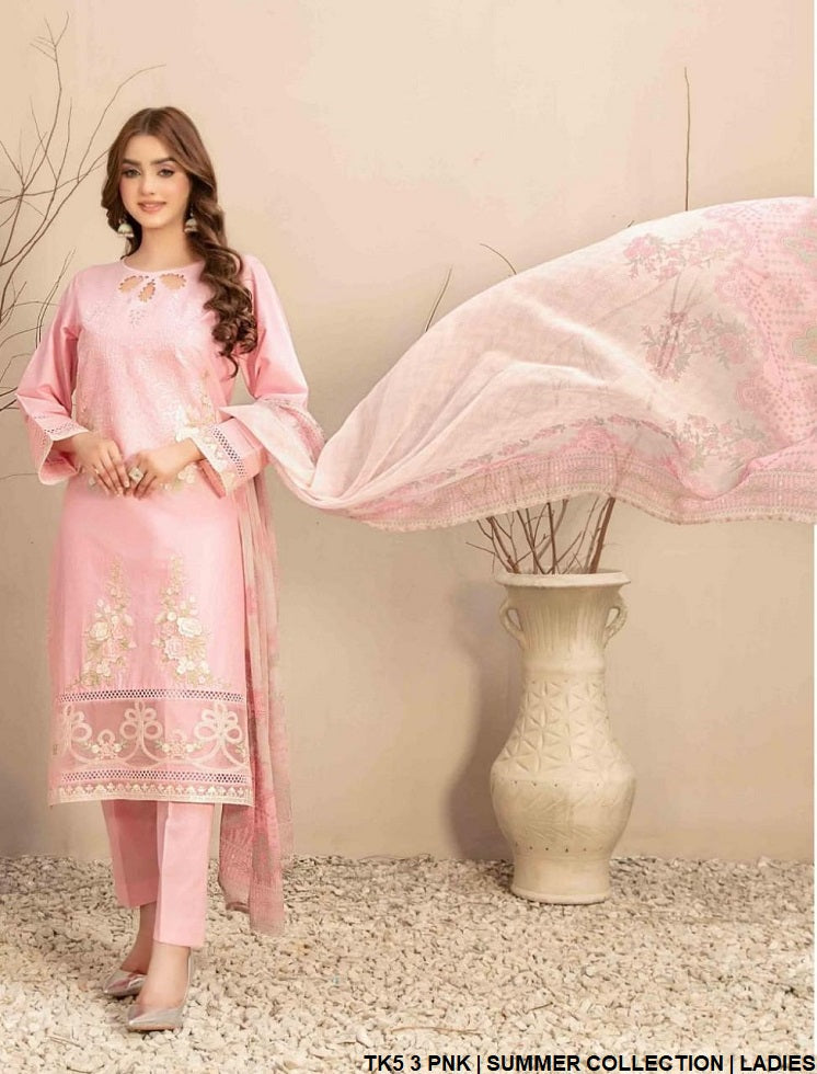 TK5 3 Pakistani women's cotton straight shirt with lawn dupatta back view