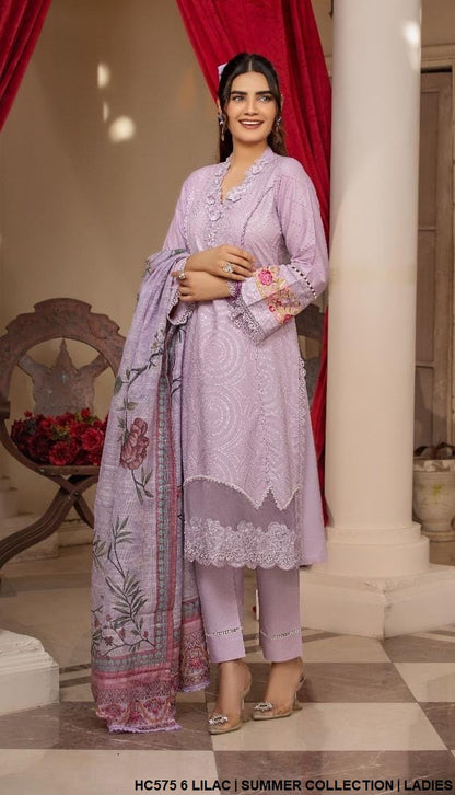 Cotton A-Line shirt HC575 6 - Pakistani women's casual outfit with masuri net dupatta front view