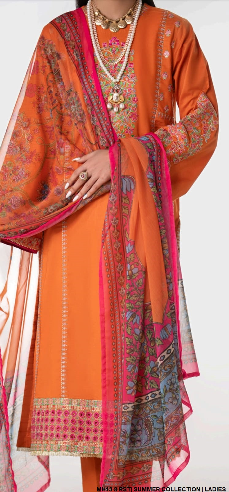 Cotton straight shirt MH13 8 - Pakistani women's casual outfit with digital print dupatta front view