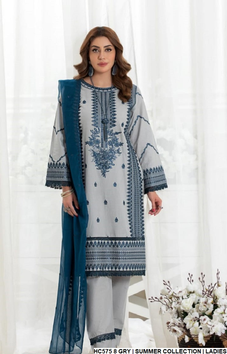 Cotton straight shirt HC575 8 - Pakistani women's casual outfit with chiffon dupatta front view