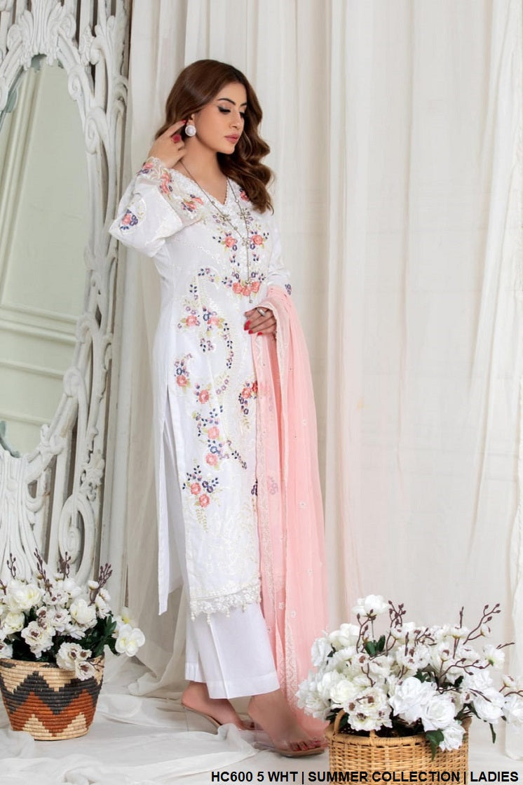 Cotton straight shirt HC600 5 - Pakistani women's casual outfit with chiffon dupatta front view