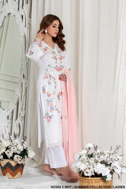 Cotton straight shirt HC600 5 - Pakistani women's casual outfit with chiffon dupatta front view
