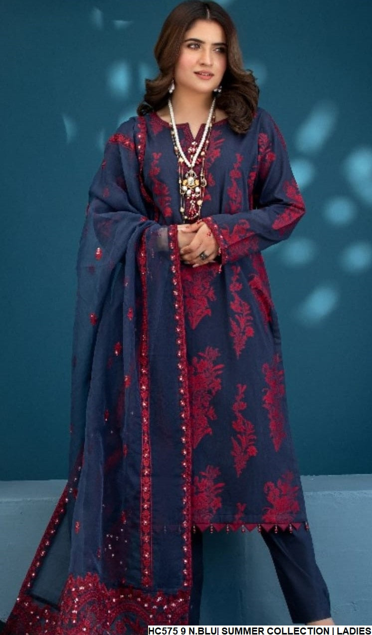 Cotton straight shirt HC575 9 - Pakistani women's casual outfit with organza dupatta front view