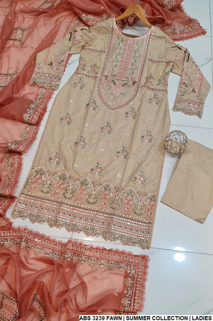 ABS 3239 Pakistani women's cotton dress with khaadi net dupatta full view