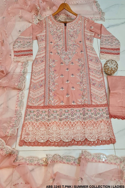 ABS 3245 Pakistani women's cotton outfit with organza dupatta detail view