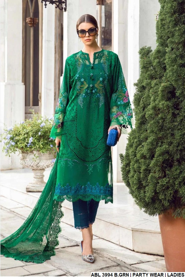 Chiffon straight shirt ABL 3994 - Pakistani women's elegant outfit with grip trouser and net dupatta front view