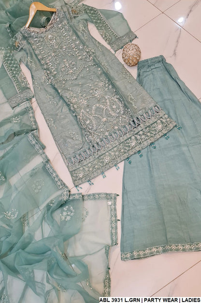 ABL 3931 Pakistani women's organza formal outfit with organza dupatta back view
