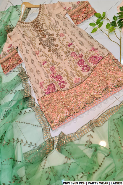 PNW 6269 Pakistani women's chiffon straight shirt with organza dupatta detail view