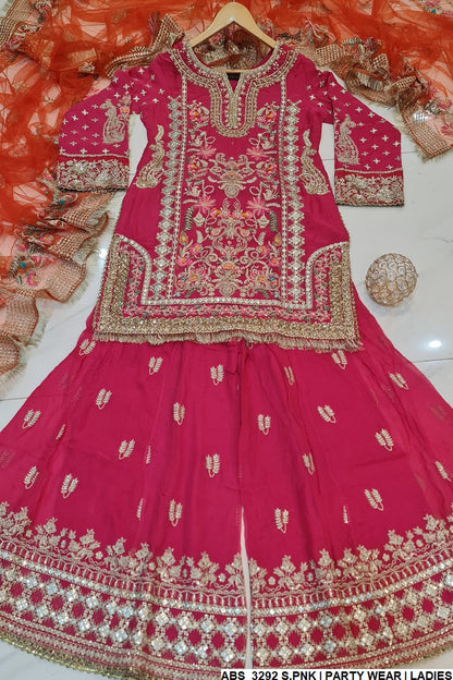 ABS 3292 Pakistani women's chiffon outfit with net dupatta detail view