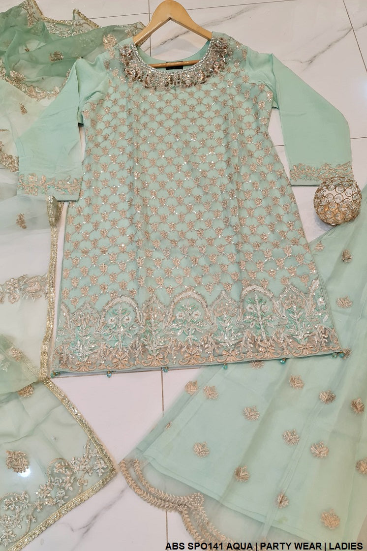 Chiffon shirt plazo ABS SPO141 - Pakistani women's formal outfit with organza dupatta front view