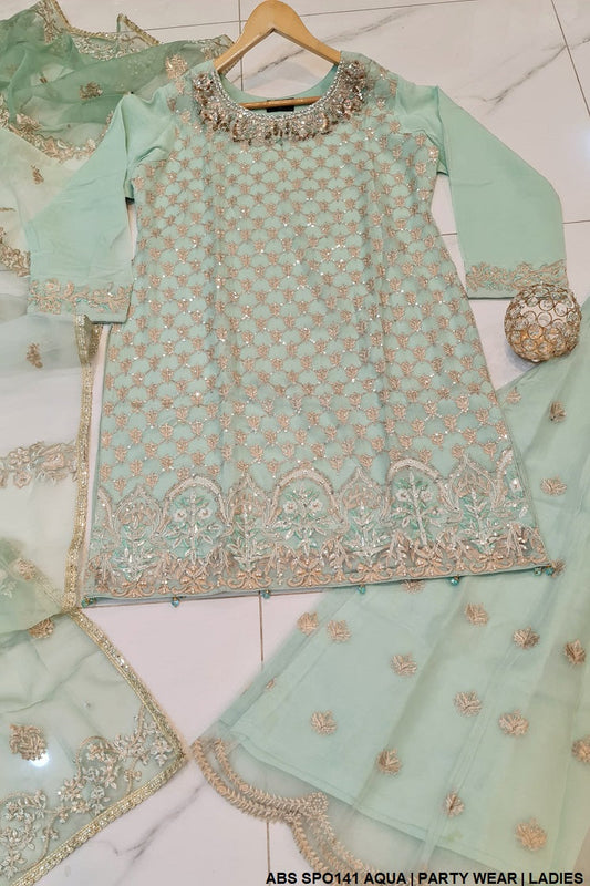 Chiffon shirt plazo ABS SPO141 - Pakistani women's formal outfit with organza dupatta front view