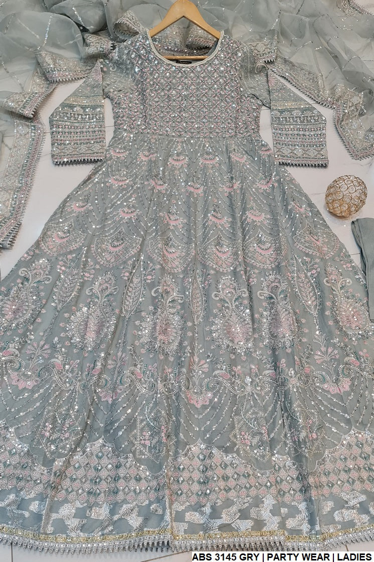 Chiffon long frock ABS 3145 - Pakistani women's luxury formal wear with grip trouser and organza dupatta front view