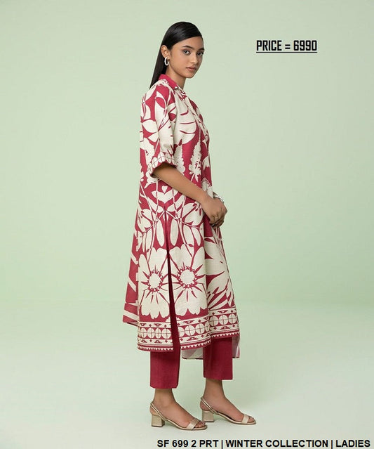 Khaddar long straight shirt SF 699 2 - Pakistani women's winter suit with khaddar dupatta front view