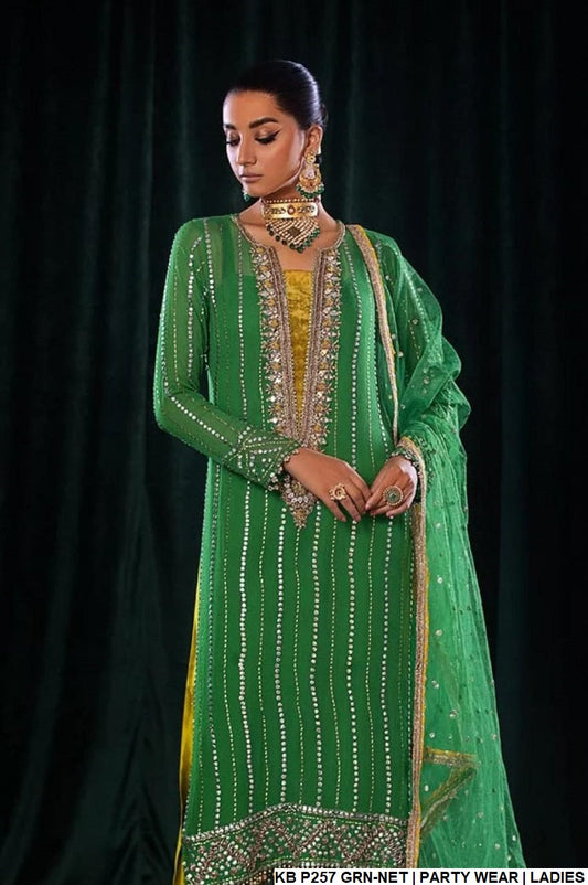 Crinkle chiffon hand embroidered shirt KB P257 NT - Pakistani women's luxury formal wear with silk trouser front view