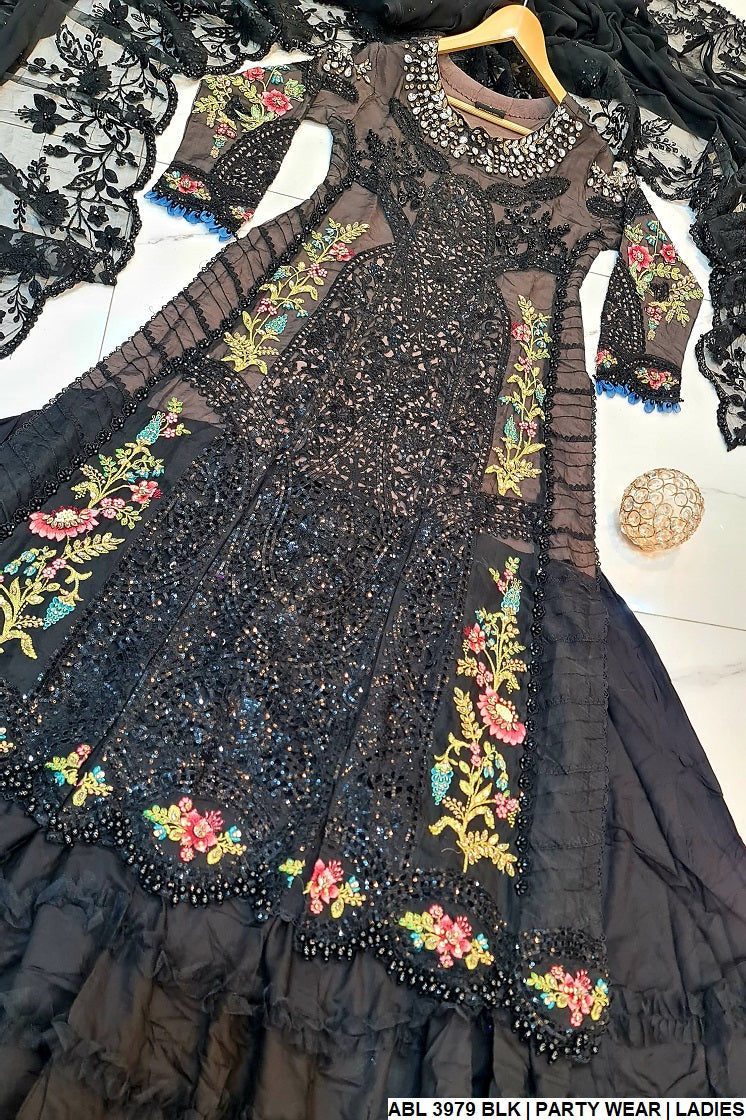 ABL 3979 organza Pakistani women's A-Line outfit with viscose lehenga side view