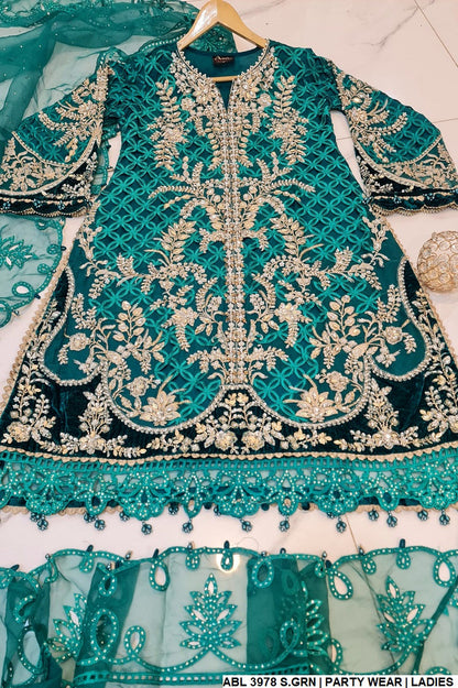 ABL 3978 Pakistani women's organza A-Line formal outfit detail view