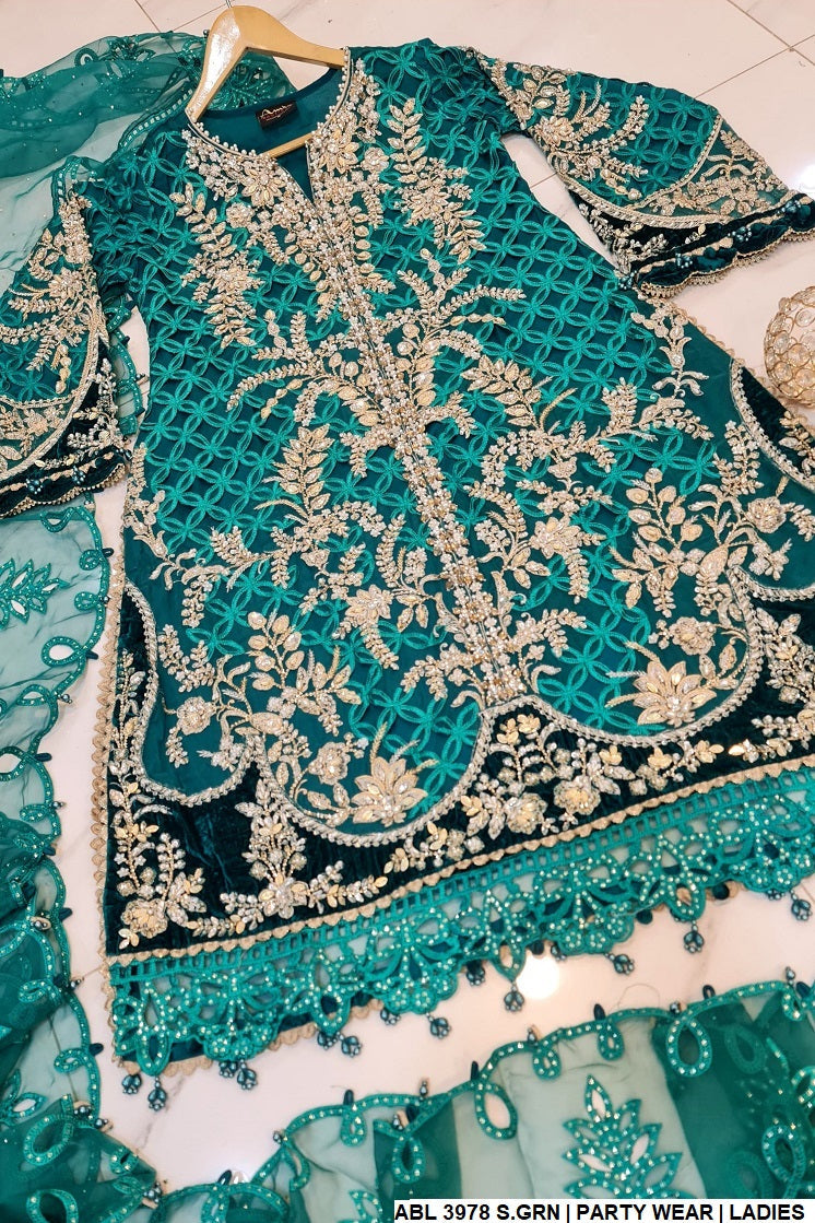 ABL 3978 Pakistani women's organza A-Line dress back view