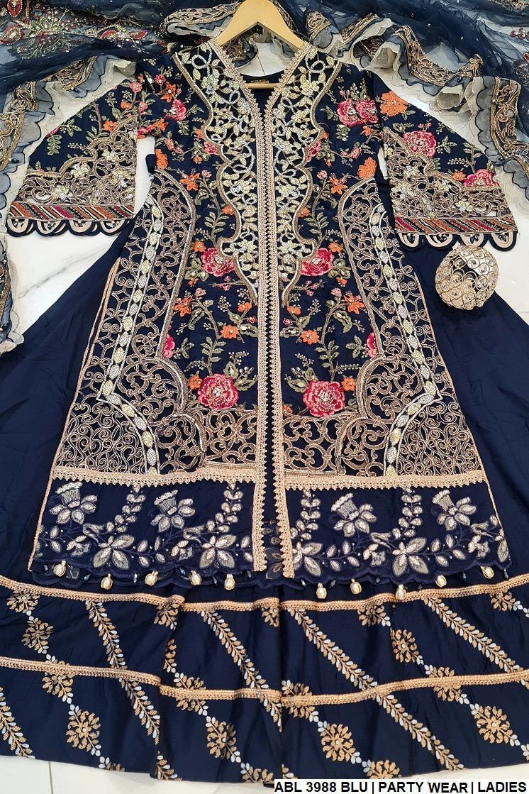 ABL 3988 Pakistani women's organza outfit with lehenga back view