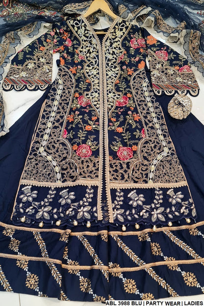 ABL 3988 Pakistani women's organza outfit with lehenga back view