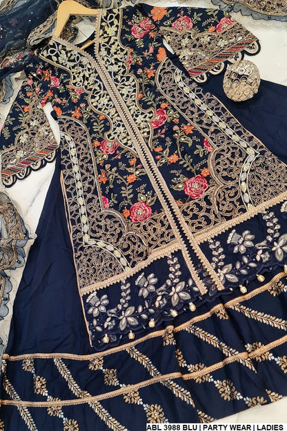 ABL 3988 Pakistani women's organza formal set with net dupatta detail view
