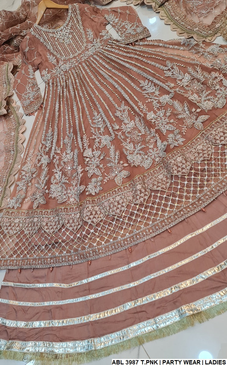 ABL 3987 Pakistani women's net long frock with lehenga back view