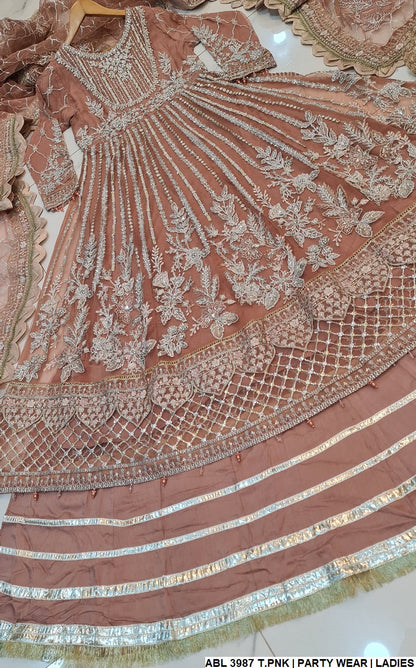ABL 3987 Pakistani women's net long frock with lehenga back view