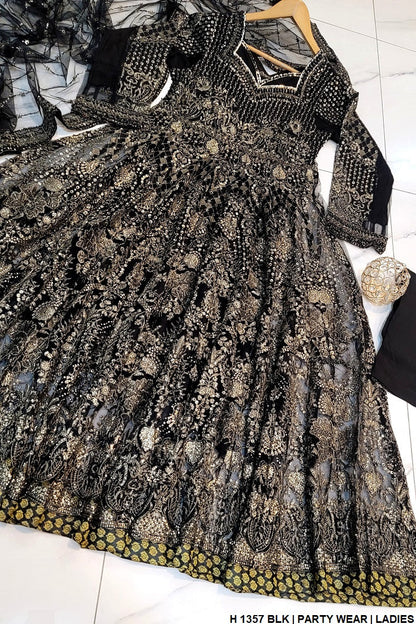 HE 1357 Pakistani women's net long frock back view