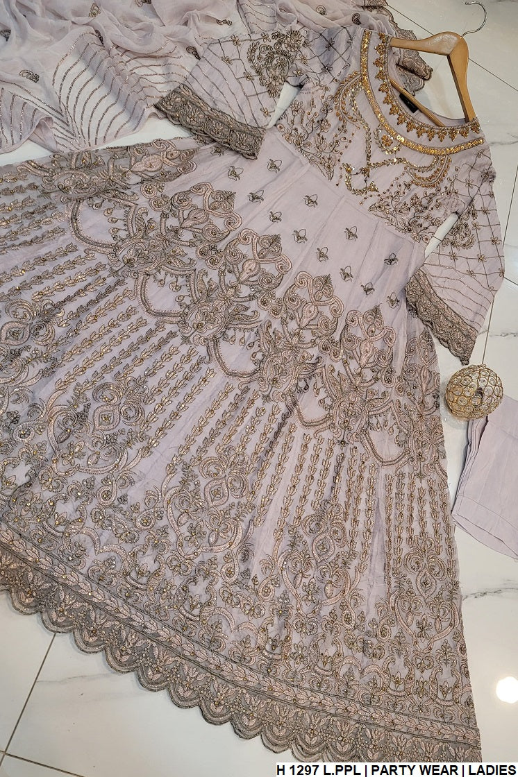 HE 1297 Pakistani women's chiffon long frock with chiffon dupatta back view