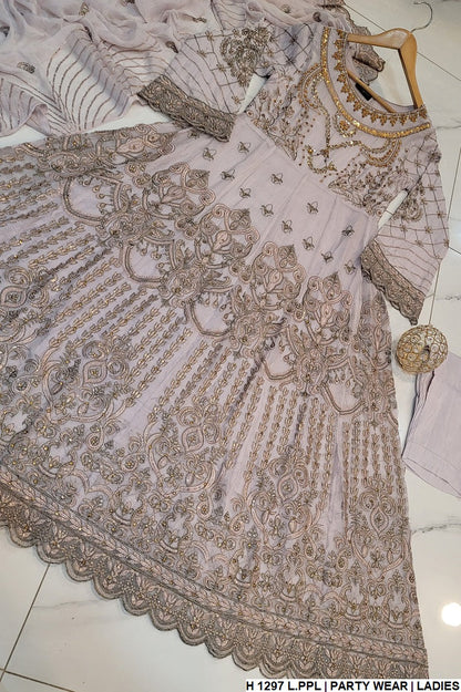 HE 1297 Pakistani women's chiffon long frock with chiffon dupatta back view
