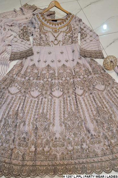 HE 1297 chiffon Pakistani women's long frock side view