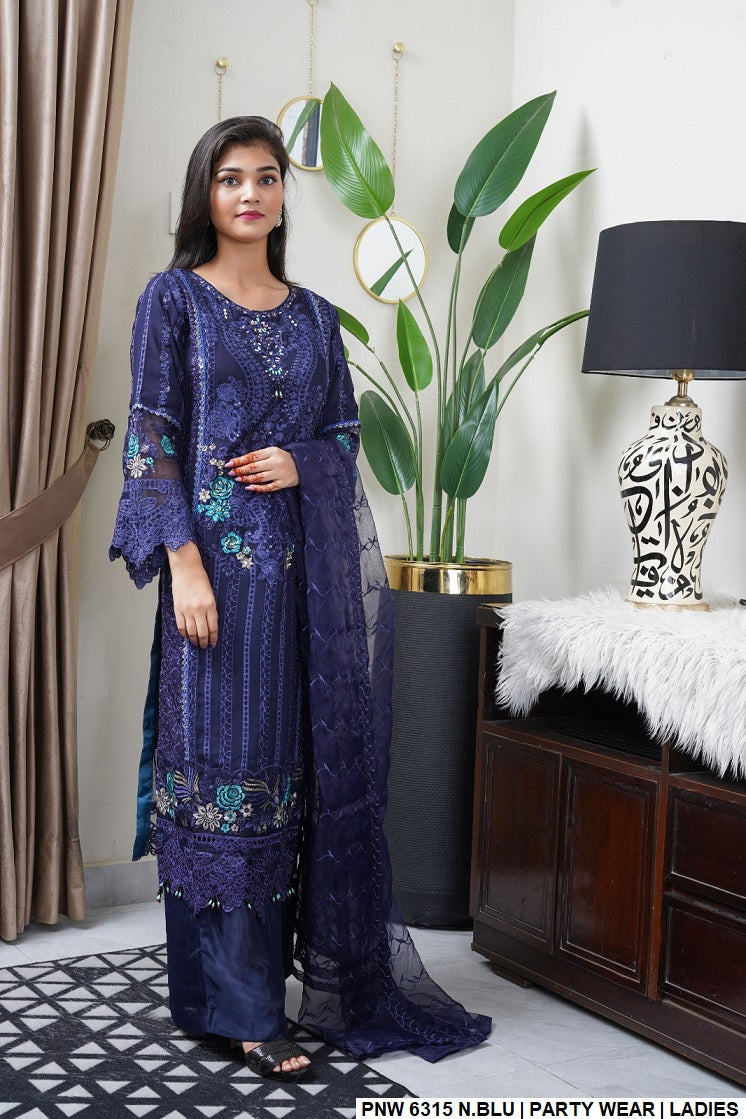 Chiffon straight shirt PNW 6315 - Pakistani women's elegant outfit with viscose trouser and organza dupatta front view
