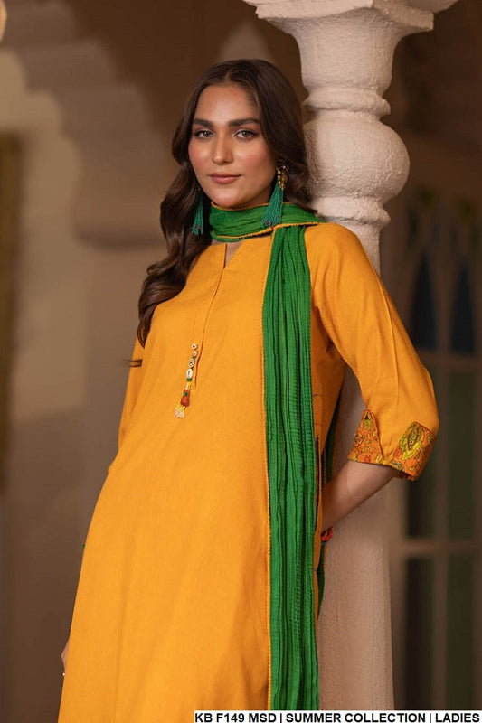 Pure karandi hand embroidered shirt KB F149 - Pakistani women's summer casual wear with crinkle chiffon dupatta front view