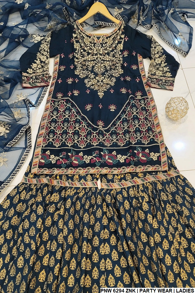 PNW 6294 Pakistani women's chiffon shirt with gharara detail view